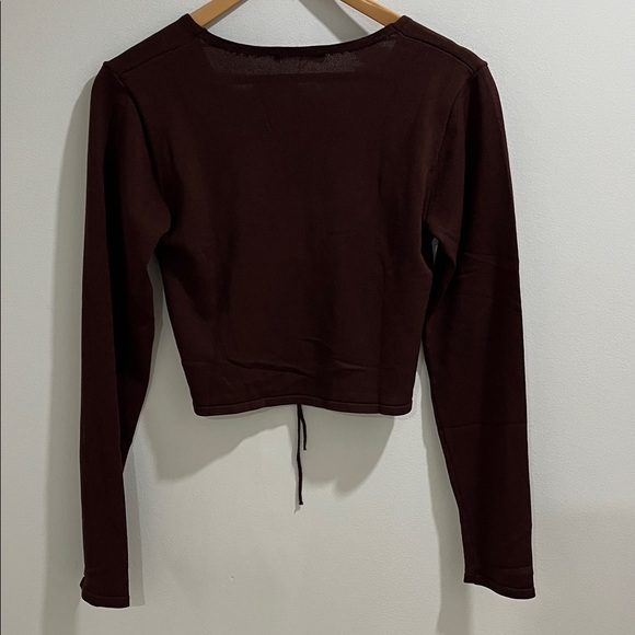 NWT Mango MNG Women’s Knit Top Large Chocolate Brown Tie Front Cardigan Cropped - Picture 3 of 8